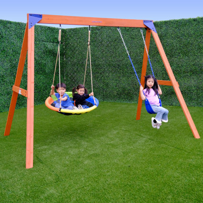 Sportspower™ Wildwood Wooden Swing Set With 2 Height Adjustable Swings And 40" Saucer Swing, Backyard Outdoor Playset For Kids Age 3-8