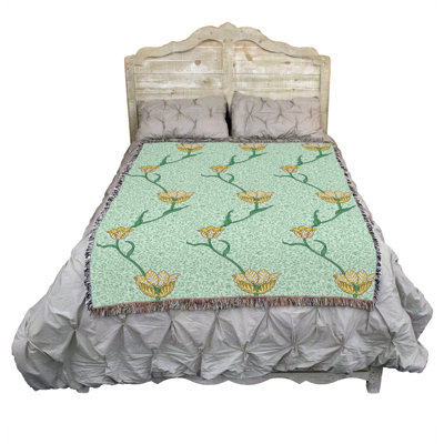 Couverture Pure Country Weavers William Morris Garden Tulip Mint - Artisanat - Tapisserie tissée en coton - Fabriqué aux États-Unis (72 x 54)