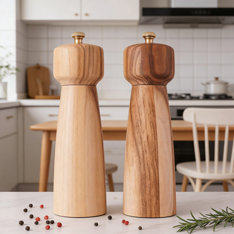 Ensemble de moulins à sel et à poivre en bois d'acacia avec plateau, moulins réglables en céramique et en acier inoxydable pour les épices fraîchement moulues