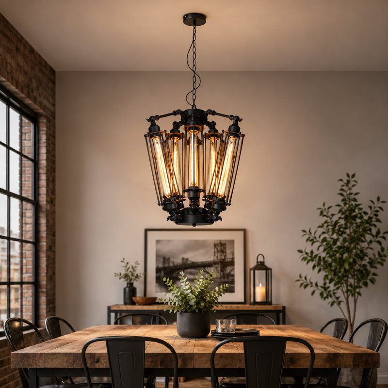 8-Light 22.4" Steampunk Geometric Chandelier, Adjustable Black Iron Pendant Light with E26 Base