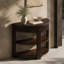 Console demi-lune cannelée de couleur espresso avec tiroir et tablettes pour entrée