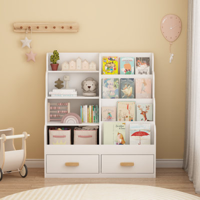 Bibliothèque à 2 tiroirs pour enfants, bibliothèque pour enfants avec rangement à l'avant, étagère à jouets à plusieurs niveaux et tablette de lecture pour tout-petit, chambre de bébé, salle de jeux et chambre à coucher