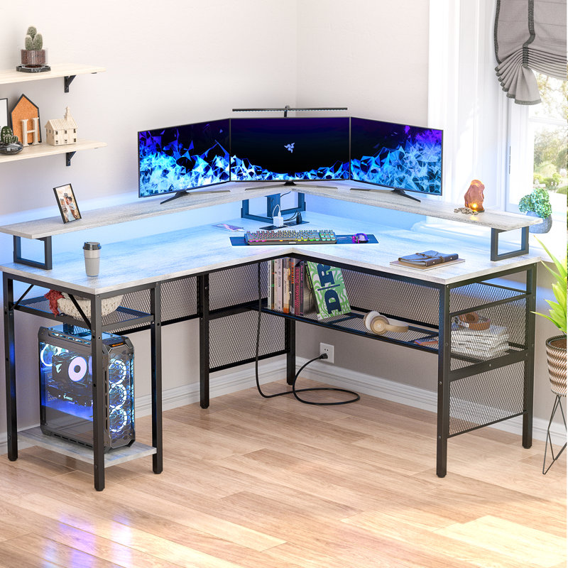 Aranson 55'' L shaped Computer Desk with Shelves, Writing Desk with Full Monitor Stand, Corner Desk with LED Lights, Gaming Desk