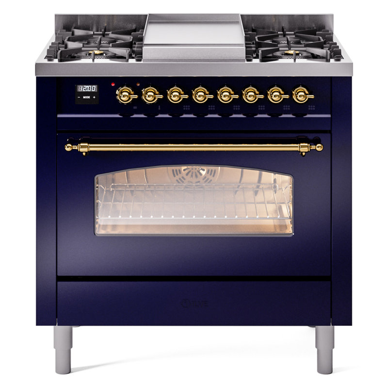 Cuisinière à double combustible 36 pouces avec 6 brûleurs, plaque chauffante (porte vitrée) ILVE Nostalgie II Series