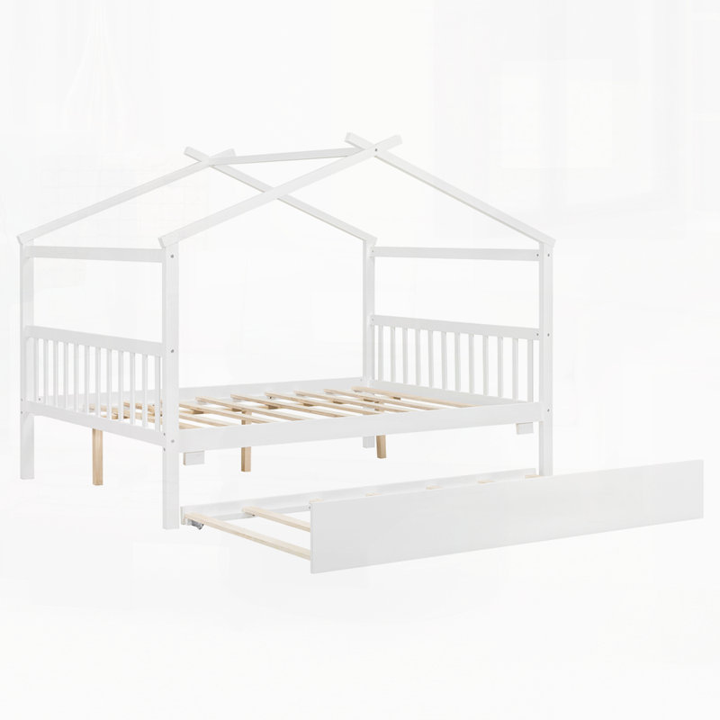 Wooden House Bed with Trundle, Full, White