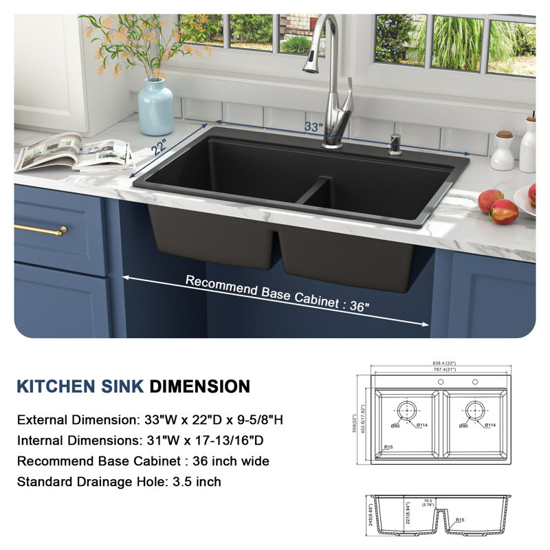 33" L x 22" W Double Bowl Rectangular Top-Mount Workstation Quartz Kitchen Sink Low-divider Granite Composite Sink, Black