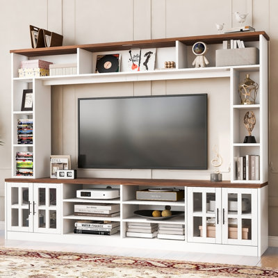 Meuble audio-vidéo mural pour téléviseur de 80 po ou moins, meuble télé moderne avec armoires et tablettes réglables pour le salon