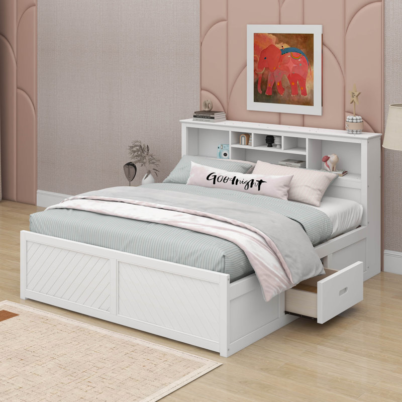 Très grand lit en bois avec tête de lit à rangement multiple, port USB et tiroirs, Blanc