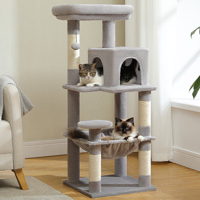 Arbre à chat pour chats d'intérieur, tour à chat à 5 niveaux pour grands chats avec grand hamac à structure en métal (17,3 po x 15,3 po), condo pour chat avec perchoir à grand toit (18,5 po x 13 po) et 4 poteaux à griffer recouverts de sisal gris