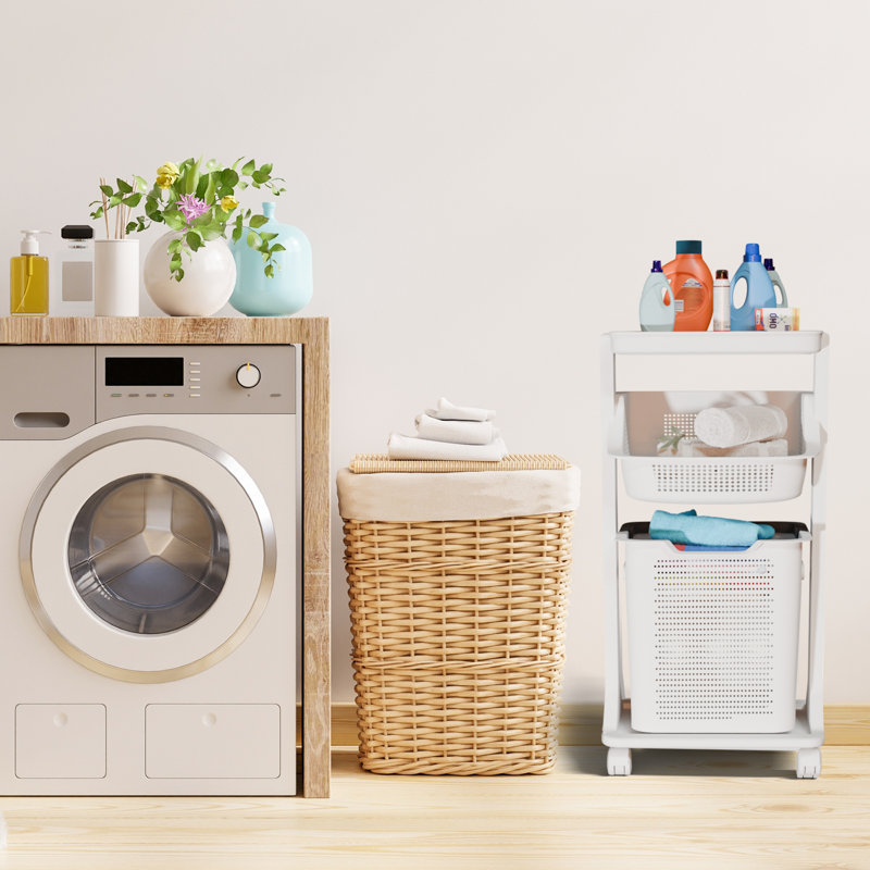 Panier à linge à roulettes portatif blanc à 2 niveaux BAOKALER, deux paniers et roues amovibles