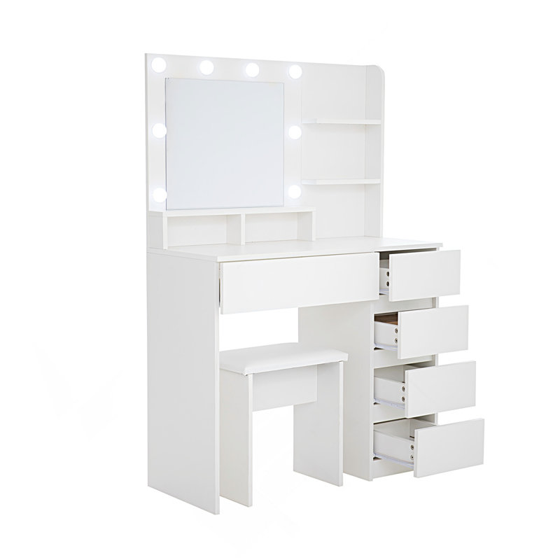 Coiffeuse, ensemble de coiffeuse avec miroir lumineux, beaucoup de rangement pour coiffeuse avec multiprise, 3 modes d'éclairage avec luminosité réglable, 37 pouces (blanc avec tabouret)