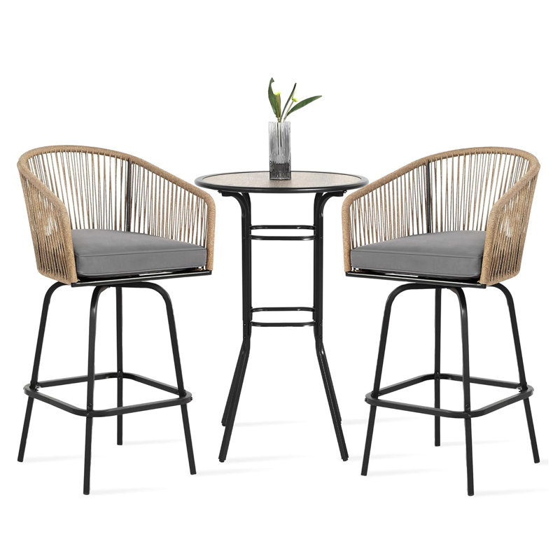 3-Piece Outdoor Rope Woven Bar Set With Soft Cushions, Gray