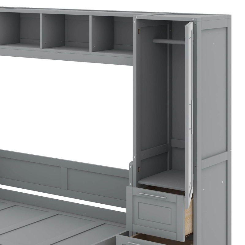 Grand lit escamotable avec placard et tiroirs, Gris