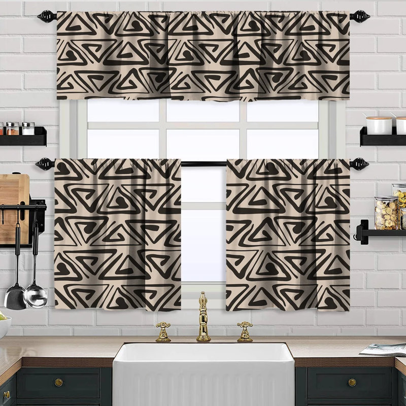 Ecru and Black Geometric Boho Kitchen Valance and Tiers Set