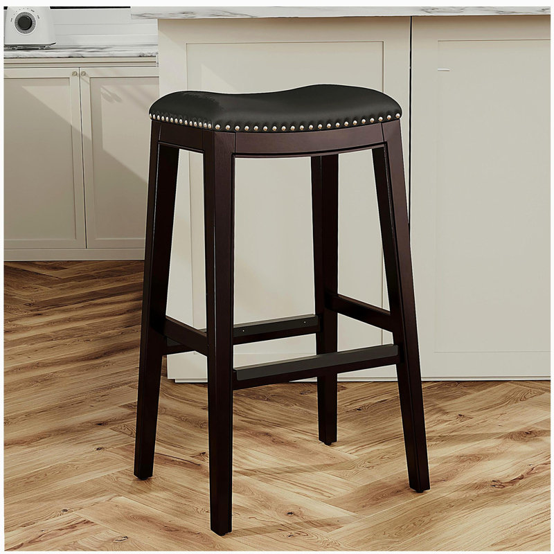 30" Bar Stool, Cherry Finish, Bone Leather Seat, Beige, Cherry