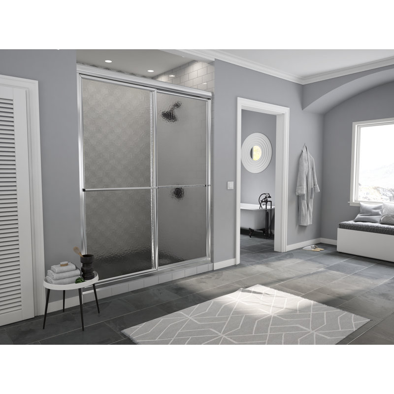 Newport Series 44" x 70" Bypass Framed Shower Door, Brite Silver (Chrome), Standard Obscure / Aquatex