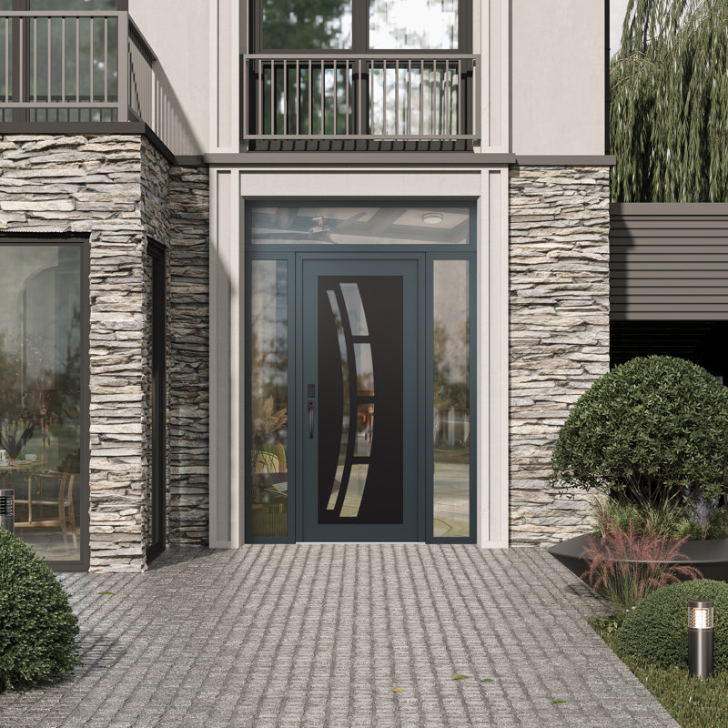 C12 droite 64 po C12 X 96 po Panneau en acier noir anthracite et verre transparent anthracite avec 2 portes d'entrée latérales pré-montées en verre et lattes