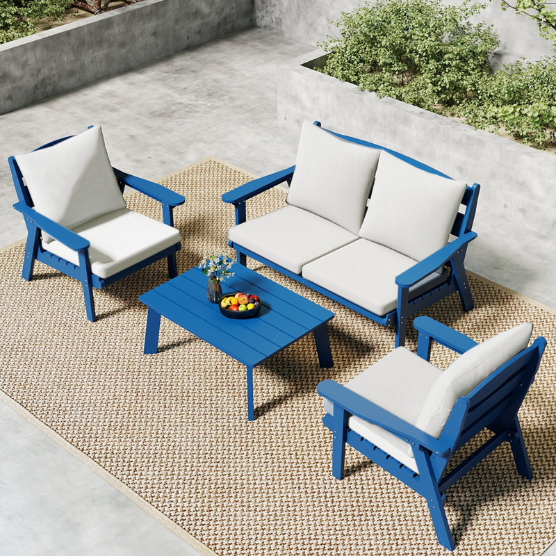 Outdoor Hdpe Terrace Furniture Sofa, Seating Group Of 2 Chairs With Cushions, Blue