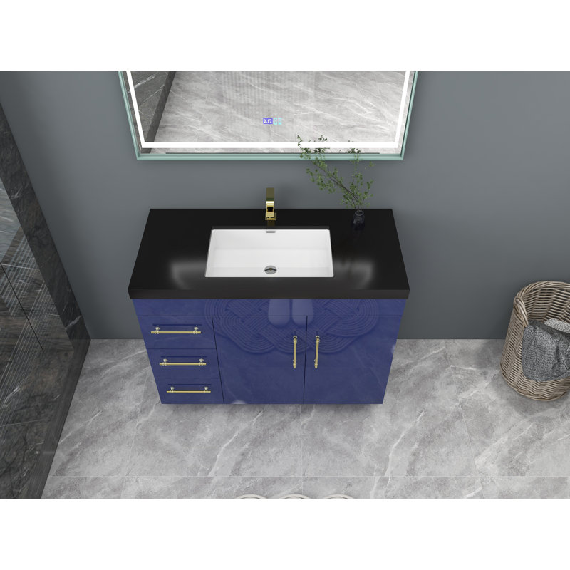 Ensemble de meuble-lavabo simple 42 po Camoya, Bleu nuit brillant, Or mat