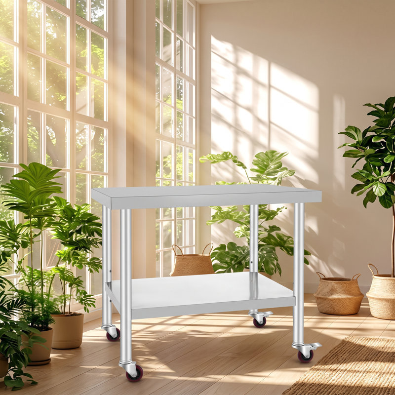 Table de préparation de cuisine VEVOR en acier inoxydable avec tablette inférieure réglable, 98,5 cm (L) x 83,2 cm (P) x 14 cm (H).