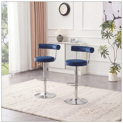 Chaise de bar pivotante et rembourrée en velours doux avec pieds chromés argentés - Tabouret de bar pour salle à manger, salon, café et réception (bleu foncé, ensemble de 2)