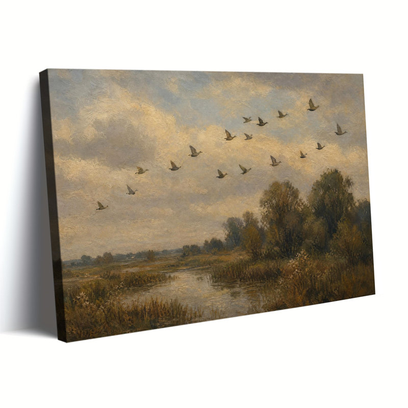 Canards sauvages volant au-dessus d'une zone humide en automne, paysage aux tons doux, peinture à l'huile sur toile, décoration murale de style champêtre antique