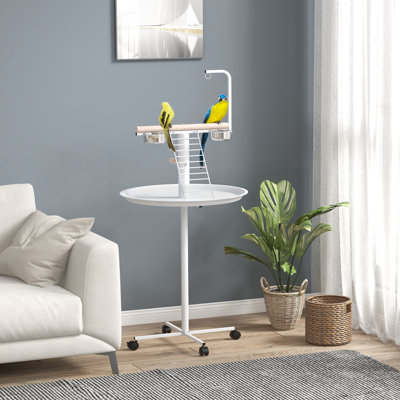 Support pour perroquet, blanc - avec roues portatives, perchoirs, bols en acier inoxydable et plateau rond pour le support à oiseaux
