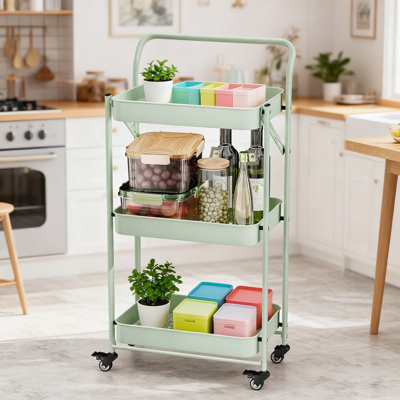 Foldable Rolling Cart 3-Tier Metal Storage Utility Cart With Wheels And Handle For Kitchen Pantry Living Room Bathroom Office Organization
