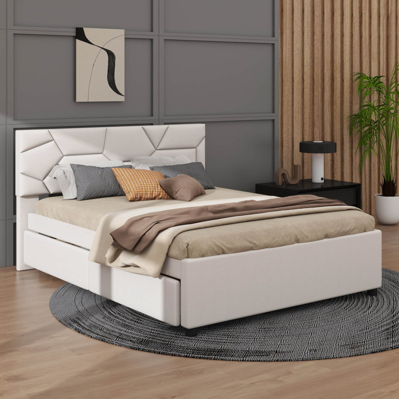Lit plateforme avec design d'inspiration brique et deux tiroirs avec lit gigogne, Beige, Lit double