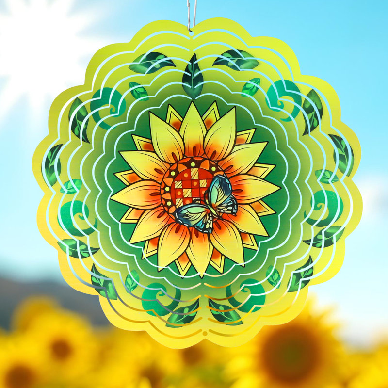 Bebhinn tournesol moulin à vent mandala 3D en acier inoxydable découpé au laser en métal motif à vent suspendu, cadeau de la fête des mères