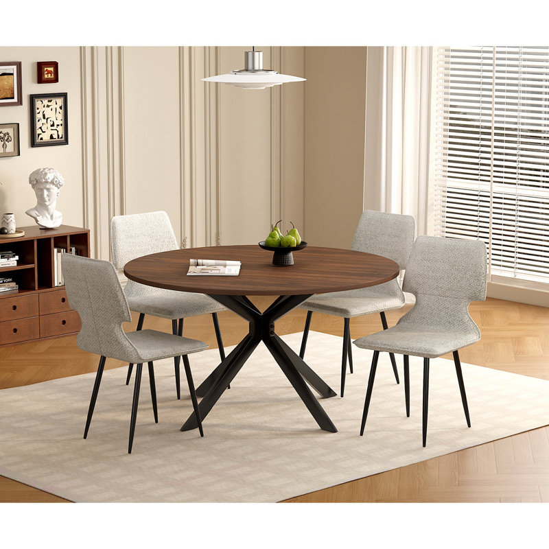 47.2" Wooden Round Dining Table And 4 Gray Upholstery Dining Chair For Modern Kitchens, Dining Room, Living Room