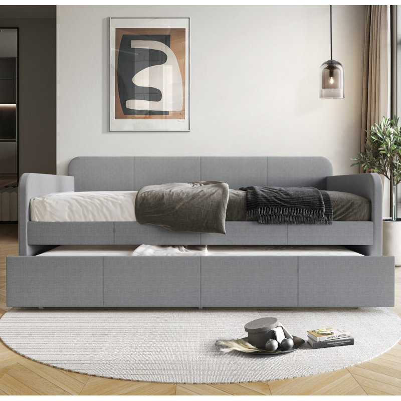 Plunkett Tiara Upholstered Daybed with Trundle, Smoke Linen