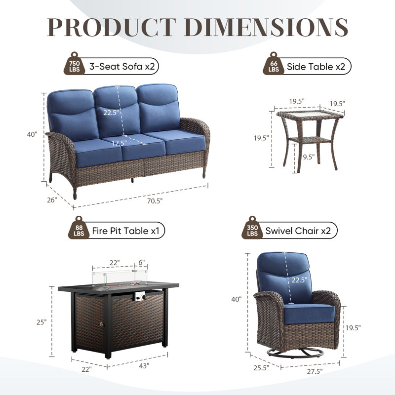 Ensemble de conversation de luxe pour l'extérieur en osier pour 8 personnes avec table de foyer au propane, table d'appoint, coussins épais de 6 pouces, chaises berçantes pivotantes pour terrasse et cour