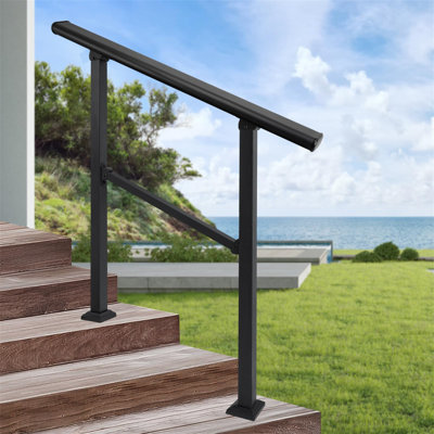 Outdoor Step Handrail, 3 To 4 Step Stair Railing, Black Wrought Iron Stair Handrail With Installation Kit