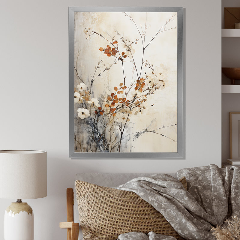 «Beige and Blue Herbs Minimal Harmony I», reproduction d'art sur toile, H 32 po x l 24 po x P 1 po, Cadre simple argenté