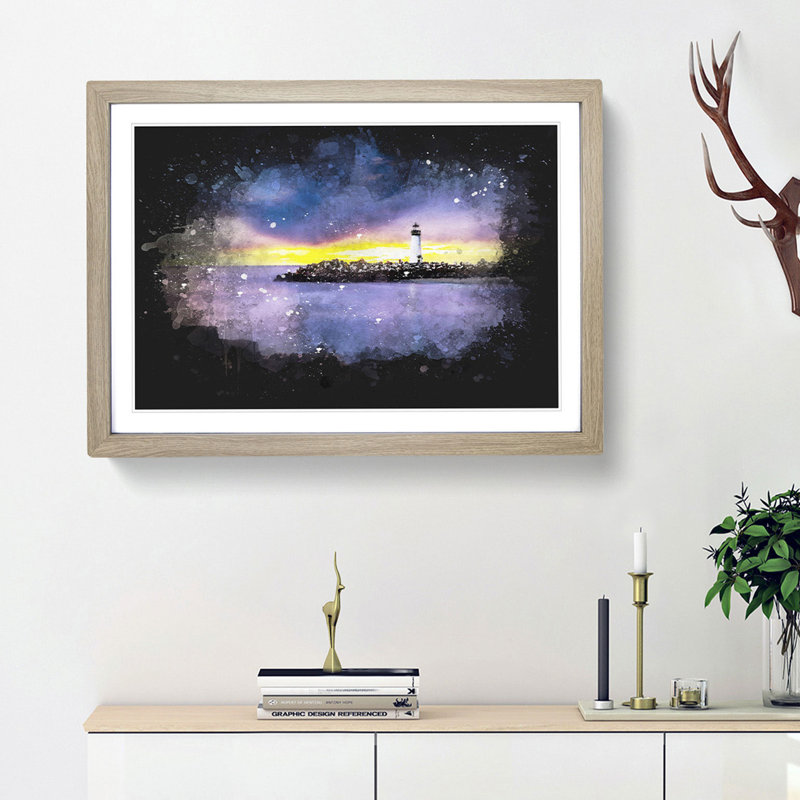 Remote Lighthouse And Seascape - Picture Frame Graphic Art, 62cm H x 87cm W x 2cm D, Oak Framed