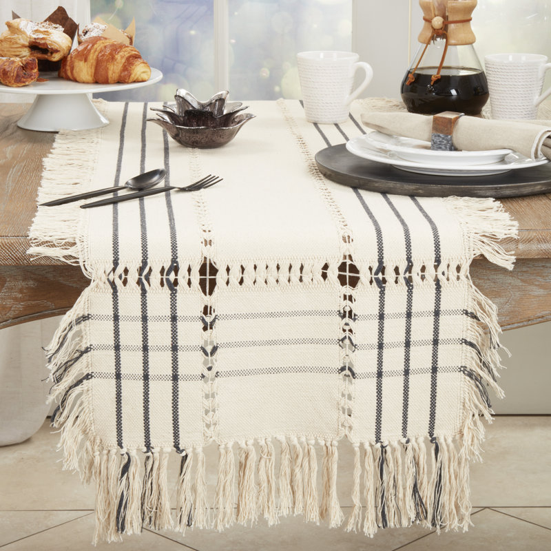 Beige Cotton Plaid Hemstitch Table Runner with Fringe