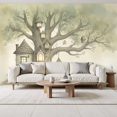 Peel and Stick papier peint fantaisiste cabane dans les arbres, petites maisons murales, aquarelle douce, H 69 po x l 96 po, papier peint amovible en PVC, adhésif mural pour chambre à coucher, bureau à domicile