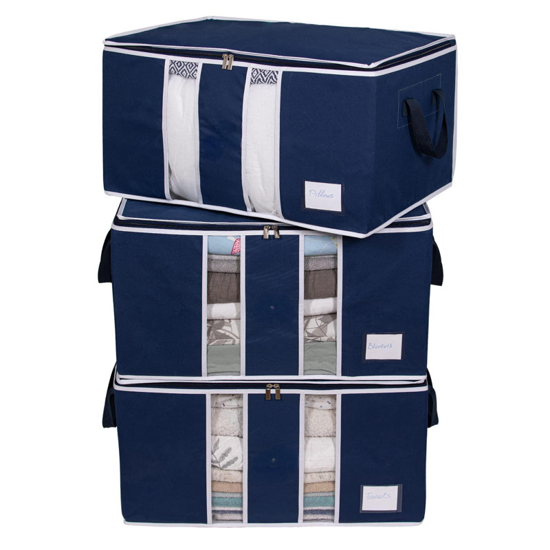 Clothes Storage Bag Organizer For, Blankets, Clothing, Comforters And Bedding Sets,Stackable With Zippers,Clear Window,( Blue/3 Pack)