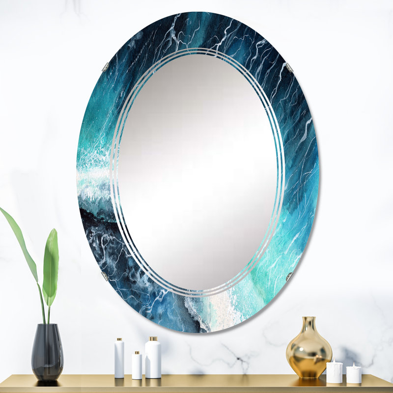 Navy Ocean Waves Wall Mirror, Nautical & Coastal Oval - Navy Blue Ocean Waves With White Seafoam I, 36" x 24"