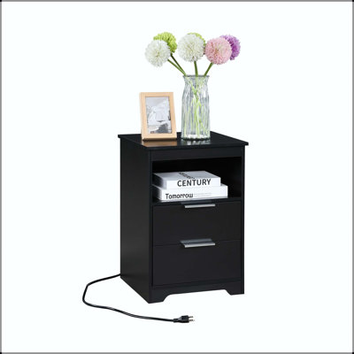 Black Nightstand with Charging Station (USB + Outlets), 2 Drawers, and Open Shelf