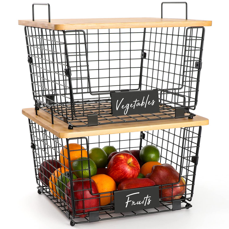 Large Black Stackable Wire Basket with Bamboo Top