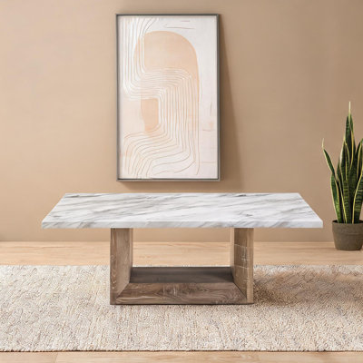 Table basse contemporaine avec finition en marbre, base piédestal, noir de jais et ivoire, 52 pouces