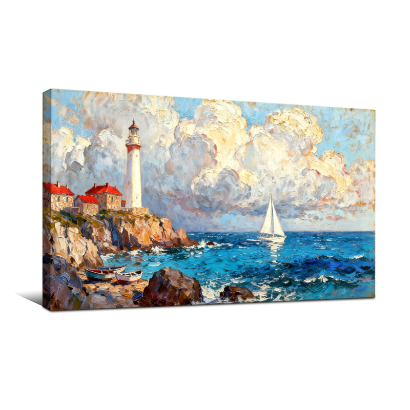 Scène côtière avec voilier et nuages, H 16 po x l 32 po
