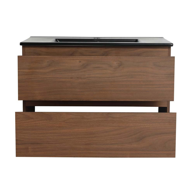 Meuble-lavabo simple 30 po avec plateau en céramique Dirks, Noir, Chêne brun