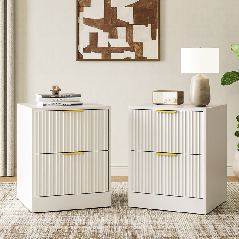 Table de chevet cannelée avec 2 tiroirs de rangement, Blanc, 2