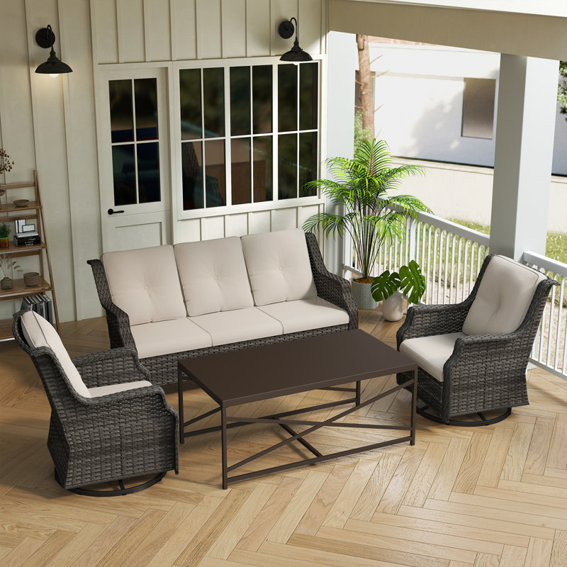 5-Person PE Wicker Outdoor Patio Set with Sofa,Swivel Chairs,Coffee Table & Beige Cushion, Beige