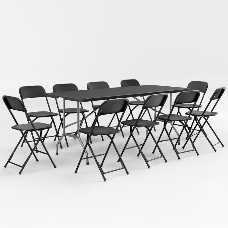 Rectangular Bi-Fold Dining Table with 10 Folding Chairs Set for Picnic Event Indoor and Outdoor Use, 30" D x 72" W x 29.5" H