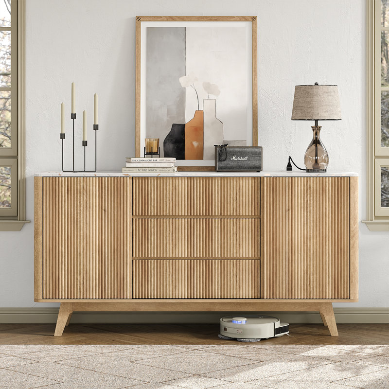 62" W Fluted Buffet Cabinet With Sliding Doors, Modern Sideboard Storage Cabinet With Power Outlet & 3 Drawers, Mid-Century Coffee Bar Table For Living Room, Dinning Room
