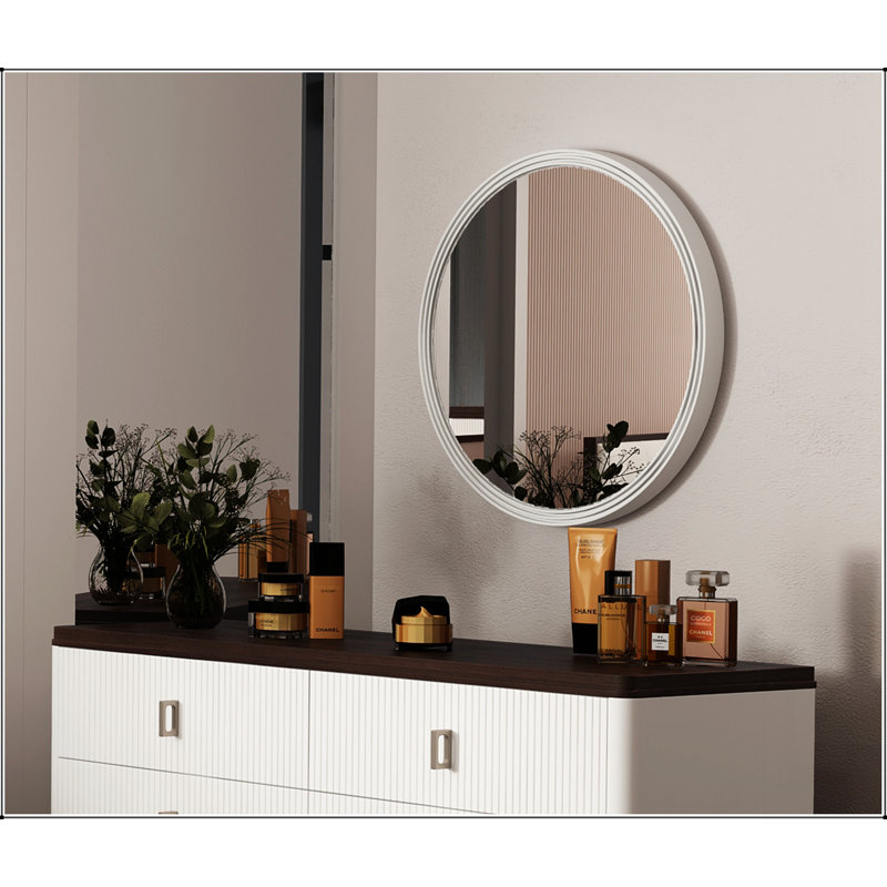 Miroir rond Carena avec finition gris clair, cadre en bois de peuplier durable et vaste réflexion de 32 pouces pour une élégance moderne